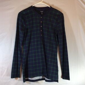 Chaps Plaid Henley Long Sleeve Knit Top Green Blue Medium Casual Layering